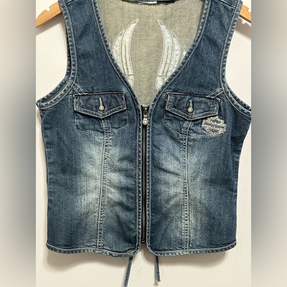 Harley Davidson Women Medium Denim Zip Corset Rhinestone Wing Pocket Vest Y2K - Picture 7 of 8